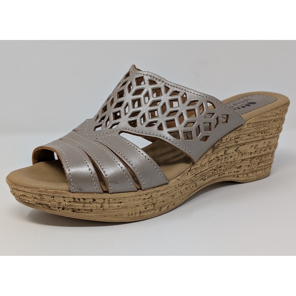 Wedge Slide Sandals Spring Step Womens Metallic Pewter Laser Cut Leather Size 39